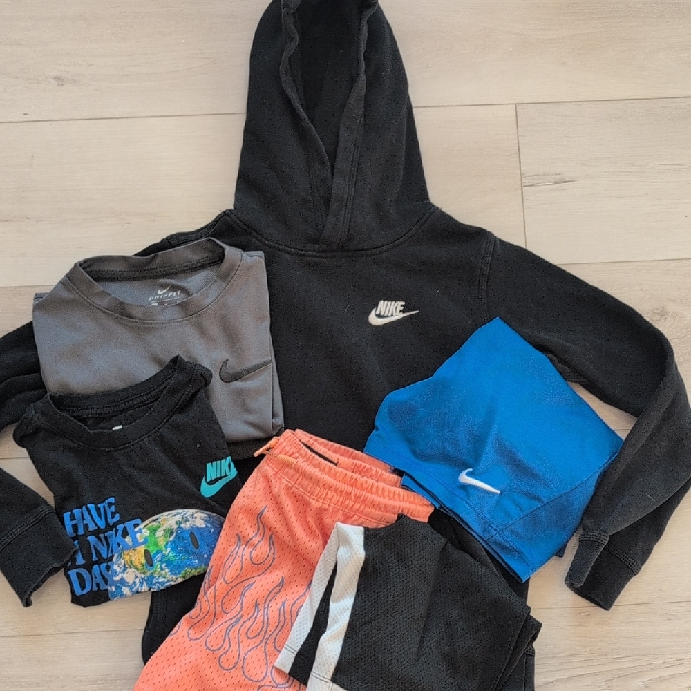 Nike Black Hoodie Sweatshirt, 2 Nike soccer shorts, RSQ mesh shorts, 2 nike tops